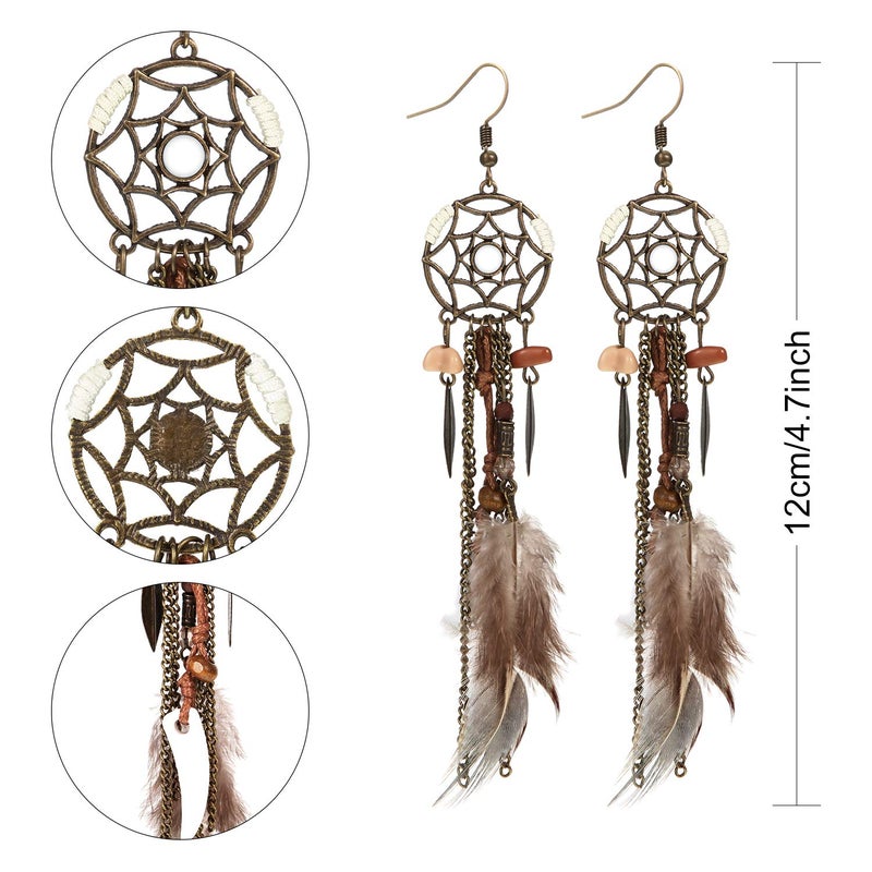 meekoo 6 Pairs Women Faux Feather Earrings Dream Catcher Bohemian Fringe Tassel Long Drop Dangle Earrings Set with Design for Women(Style 7) - Image 2